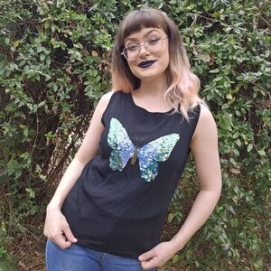 Lucia Burns Y2k Butterfly Sequin Black Tank Top 2000's